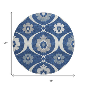 HomeRoots 8' Washable Round Medallion Rug in Navy Blue, Ivory & Gray - Durable, Stain-Resistant, UV Protected! 668068