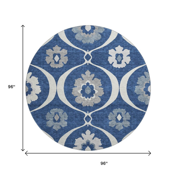 HomeRoots 8' Washable Round Medallion Rug in Navy Blue, Ivory & Gray - Durable, Stain-Resistant, UV Protected! 668068