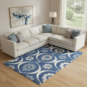 HomeRoots 8' X 10' Navy Blue Ivory & Gray Medallion Washable Area Rug - Durable, Stylish & UV Protected 668069