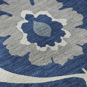 HomeRoots 9' X 12' Navy Medallion Area Rug – Durable, Washable, Stain-Resistant, UV Protected for Busy Homes 668070