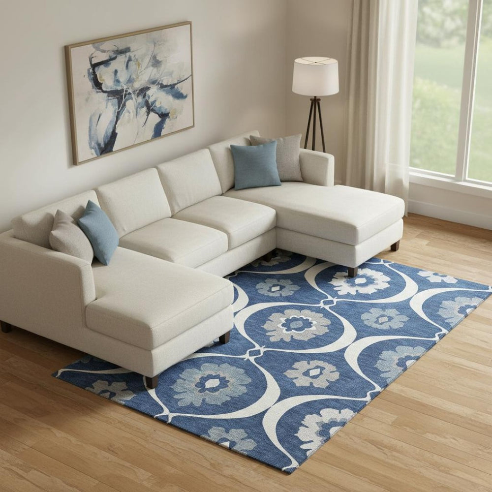 HomeRoots 9' X 12' Navy Medallion Area Rug – Durable, Washable, Stain-Resistant, UV Protected for Busy Homes 668070