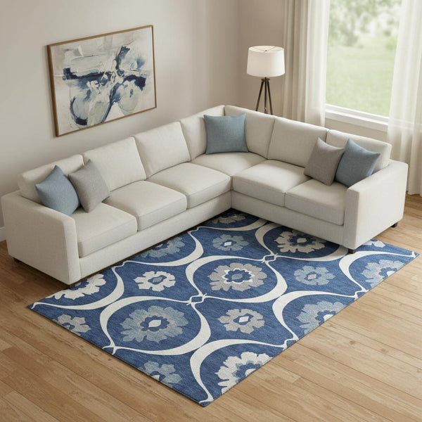 HomeRoots 10' Navy Blue, Ivory & Gray Medallion Washable Area Rug - Durable, Stain-Resistant, UV Protected! 668071