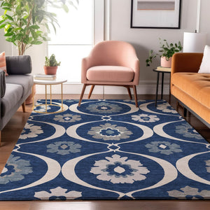 HomeRoots 10' Navy Blue, Ivory & Gray Medallion Washable Area Rug - Durable, Stain-Resistant, UV Protected! 668071