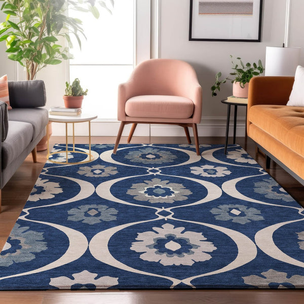 HomeRoots 10' Navy Blue, Ivory & Gray Medallion Washable Area Rug - Durable, Stain-Resistant, UV Protected! 668071