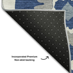 HomeRoots 10' Navy Blue, Ivory & Gray Medallion Washable Area Rug - Durable, Stain-Resistant, UV Protected! 668071