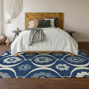 HomeRoots 10' Navy Blue, Ivory & Gray Medallion Washable Area Rug - Durable, Stain-Resistant, UV Protected! 668071