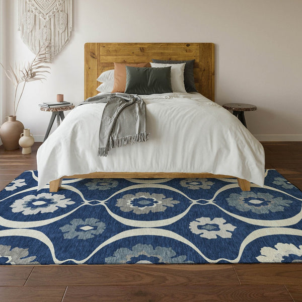 HomeRoots 10' Navy Blue, Ivory & Gray Medallion Washable Area Rug - Durable, Stain-Resistant, UV Protected! 668071