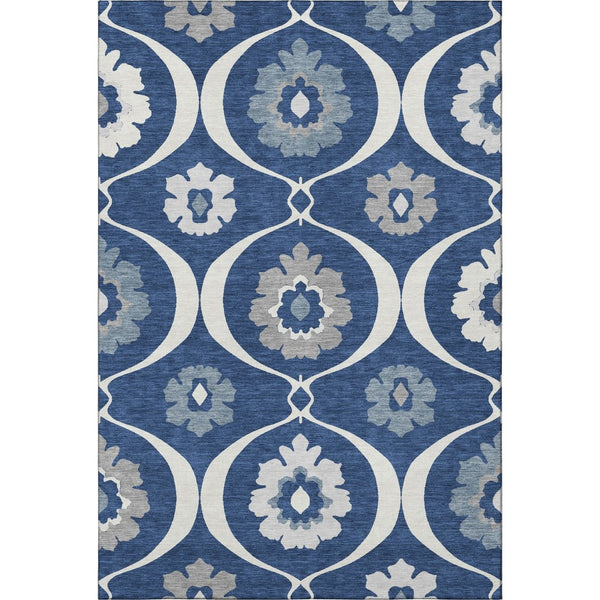 HomeRoots 10' Navy Blue, Ivory & Gray Medallion Washable Area Rug - Durable, Stain-Resistant, UV Protected! 668071