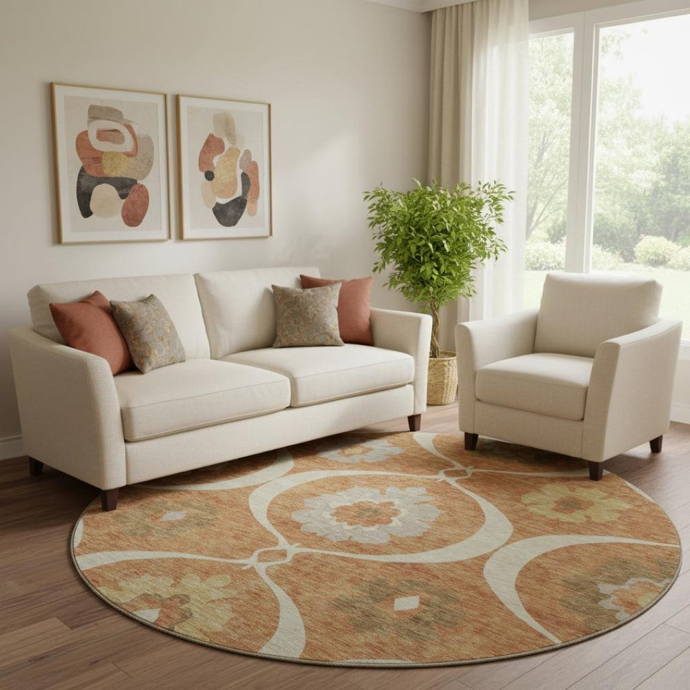HomeRoots 8' Washable Round Medallion Rug in Rust, Gray & Gold - Durable, UV-Protected & Easy to Clean! 668074