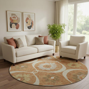 HomeRoots 8' Washable Round Medallion Rug in Rust, Gray & Gold - Durable, UV-Protected & Easy to Clean! 668074