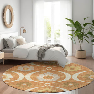 HomeRoots 8' Washable Round Medallion Rug in Rust, Gray & Gold - Durable, UV-Protected & Easy to Clean! 668074