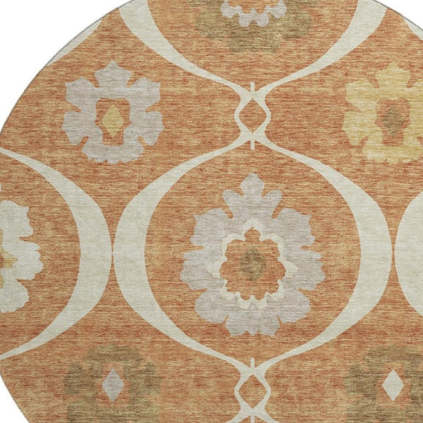 HomeRoots 8' Washable Round Medallion Rug in Rust, Gray & Gold - Durable, UV-Protected & Easy to Clean! 668074