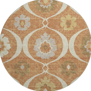 HomeRoots 8' Washable Round Medallion Rug in Rust, Gray & Gold - Durable, UV-Protected & Easy to Clean! 668074