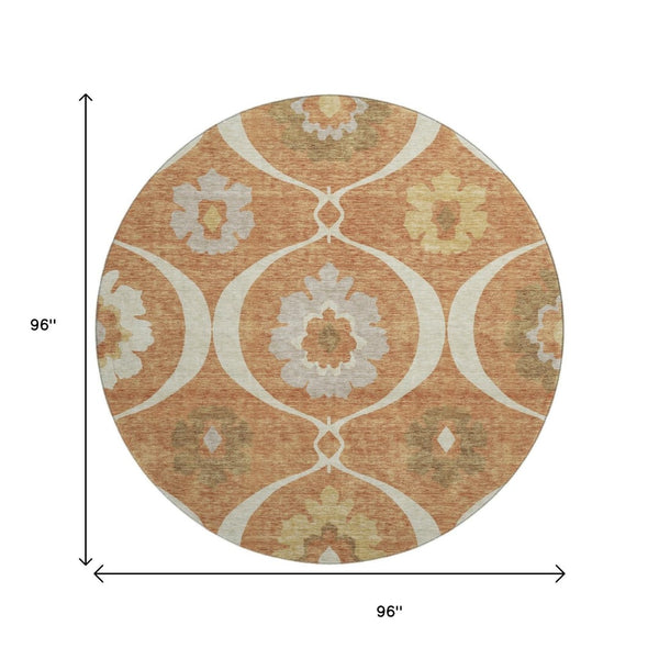 HomeRoots 8' Washable Round Medallion Rug in Rust, Gray & Gold - Durable, UV-Protected & Easy to Clean! 668074