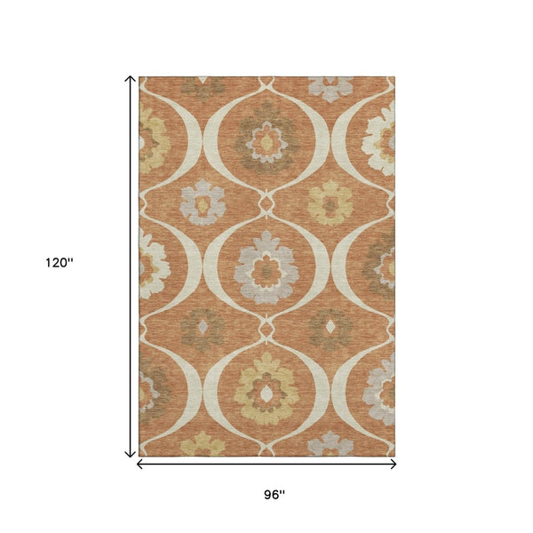 HomeRoots 8' X 10' Transitional Rust Gray Gold Medallion Washable Area Rug with UV Protection & Durability 668075