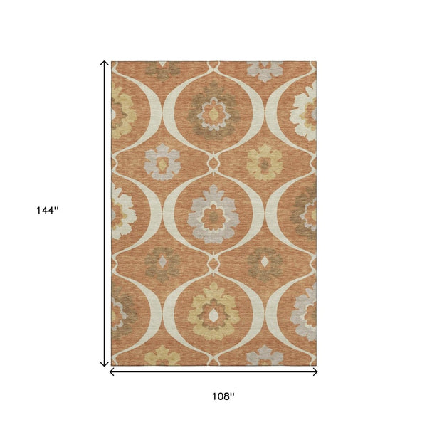 HomeRoots 9' X 12' Elegant Rust Gray & Gold Medallion Area Rug - Washable, UV-Protected, Stain-Resistant Design 668076