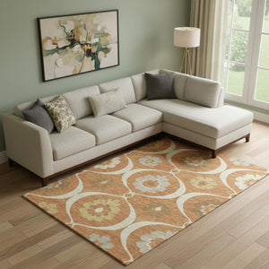HomeRoots 9' X 12' Elegant Rust Gray & Gold Medallion Area Rug - Washable, UV-Protected, Stain-Resistant Design 668076