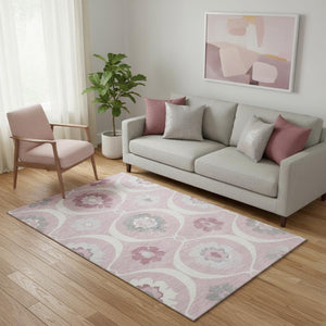 HomeRoots 5' X 8' Pink Ivory and Gray Medallion Area Rug - Washable, UV-Protected, Durable for High-Traffic Spaces 668079