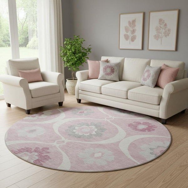 HomeRoots 8' Pink Ivory and Gray Medallion Round Washable Rug - UV Protected, Easy-Care, Stylish Home Decor 668080