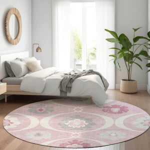 HomeRoots 8' Pink Ivory and Gray Medallion Round Washable Rug - UV Protected, Easy-Care, Stylish Home Decor 668080