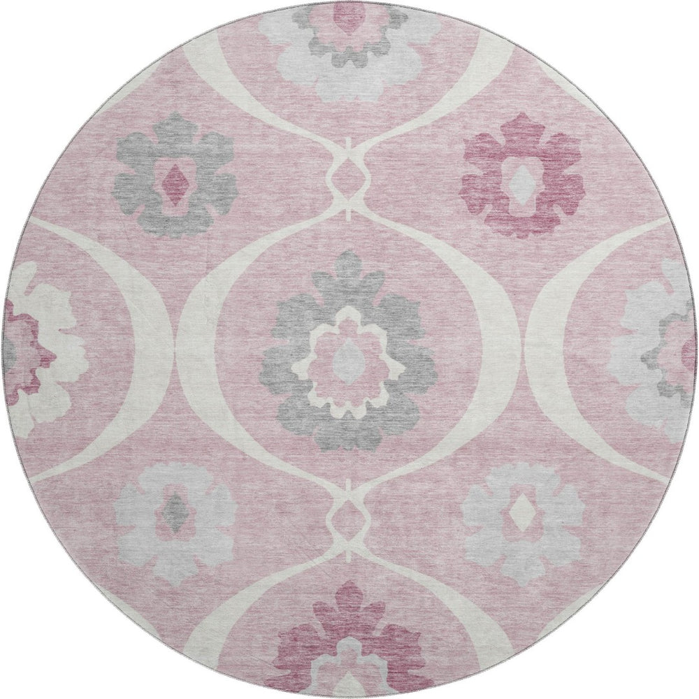 HomeRoots 8' Pink Ivory and Gray Medallion Round Washable Rug - UV Protected, Easy-Care, Stylish Home Decor 668080