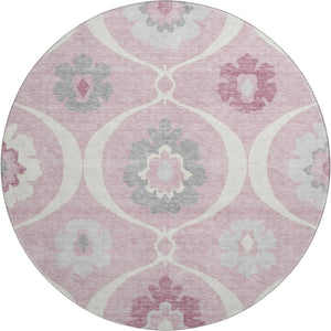 HomeRoots 8' Pink Ivory and Gray Medallion Round Washable Rug - UV Protected, Easy-Care, Stylish Home Decor 668080