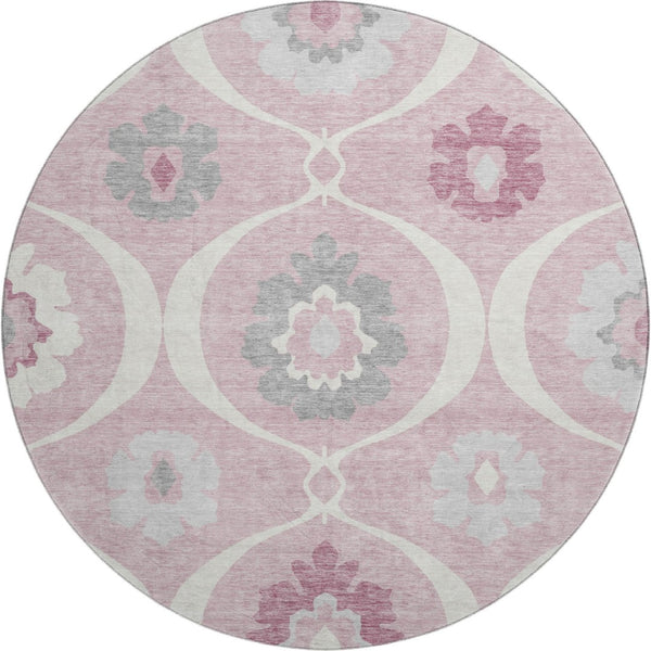 HomeRoots 8' Pink Ivory and Gray Medallion Round Washable Rug - UV Protected, Easy-Care, Stylish Home Decor 668080