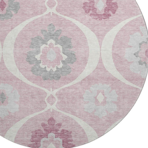 HomeRoots 8' Pink Ivory and Gray Medallion Round Washable Rug - UV Protected, Easy-Care, Stylish Home Decor 668080
