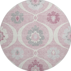 HomeRoots 8' Pink Ivory and Gray Medallion Round Washable Rug - UV Protected, Easy-Care, Stylish Home Decor 668080
