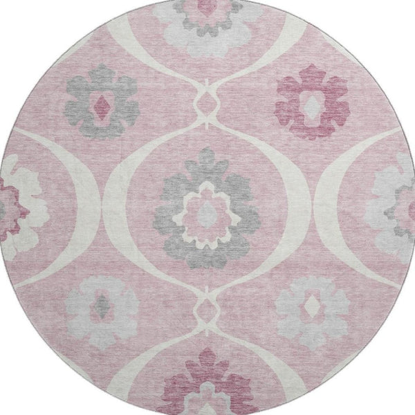 HomeRoots 8' Pink Ivory and Gray Medallion Round Washable Rug - UV Protected, Easy-Care, Stylish Home Decor 668080