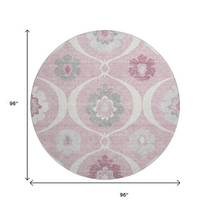 HomeRoots 8' Pink Ivory and Gray Medallion Round Washable Rug - UV Protected, Easy-Care, Stylish Home Decor 668080