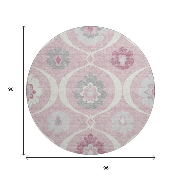 HomeRoots 8' Pink Ivory and Gray Medallion Round Washable Rug - UV Protected, Easy-Care, Stylish Home Decor 668080