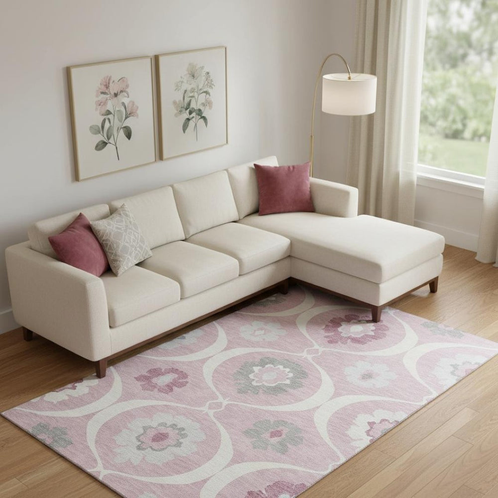 HomeRoots 8' X 10' Stylish Pink Ivory Gray Medallion Area Rug - Washable, UV-Protected, Pet Friendly! 668081