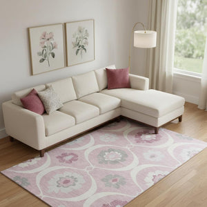 HomeRoots 8' X 10' Stylish Pink Ivory Gray Medallion Area Rug - Washable, UV-Protected, Pet Friendly! 668081