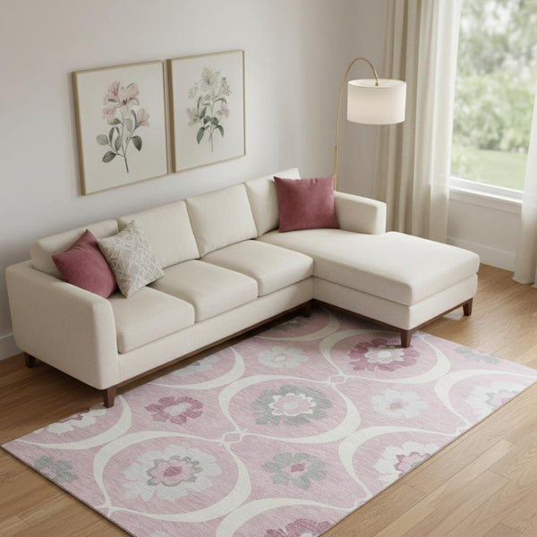 HomeRoots 8' X 10' Stylish Pink Ivory Gray Medallion Area Rug - Washable, UV-Protected, Pet Friendly! 668081