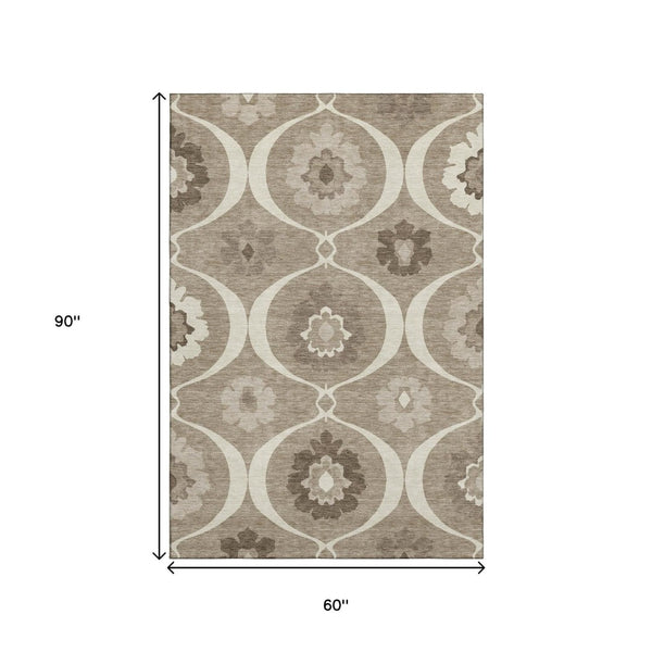 HomeRoots 5' X 8' Washable Taupe Ivory Beige Medallion Area Rug - Durable, Stain-Resistant & UV Protected! 668085