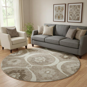 HomeRoots 8' Washable Round Medallion Rug in Taupe, Ivory & Beige - UV Protection, Stain Resistant, Durable Design 668086
