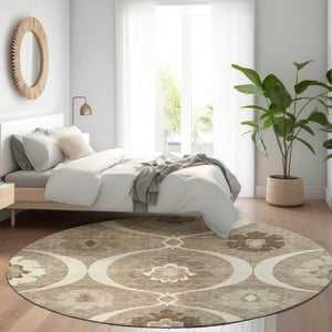 HomeRoots 8' Washable Round Medallion Rug in Taupe, Ivory & Beige - UV Protection, Stain Resistant, Durable Design 668086