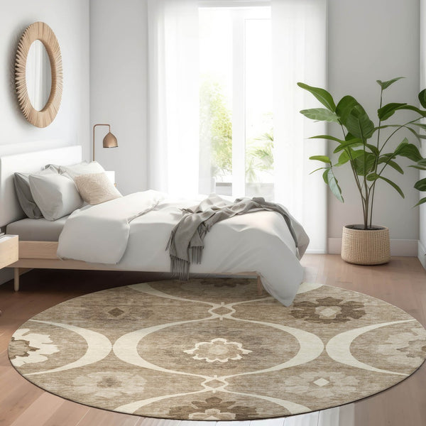 HomeRoots 8' Washable Round Medallion Rug in Taupe, Ivory & Beige - UV Protection, Stain Resistant, Durable Design 668086
