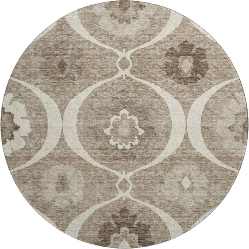 HomeRoots 8' Washable Round Medallion Rug in Taupe, Ivory & Beige - UV Protection, Stain Resistant, Durable Design 668086
