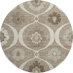 HomeRoots 8' Washable Round Medallion Rug in Taupe, Ivory & Beige - UV Protection, Stain Resistant, Durable Design 668086