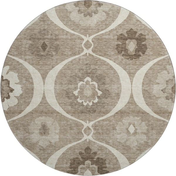 HomeRoots 8' Washable Round Medallion Rug in Taupe, Ivory & Beige - UV Protection, Stain Resistant, Durable Design 668086