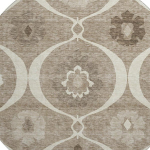 HomeRoots 8' Washable Round Medallion Rug in Taupe, Ivory & Beige - UV Protection, Stain Resistant, Durable Design 668086