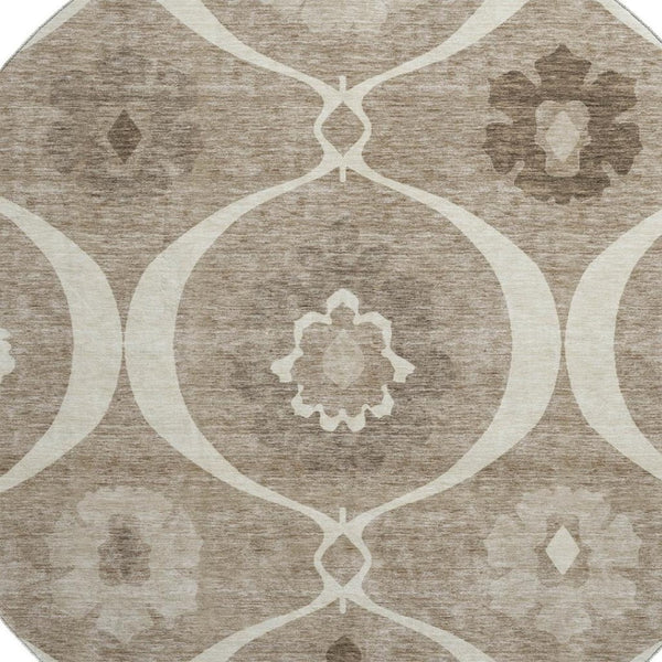 HomeRoots 8' Washable Round Medallion Rug in Taupe, Ivory & Beige - UV Protection, Stain Resistant, Durable Design 668086