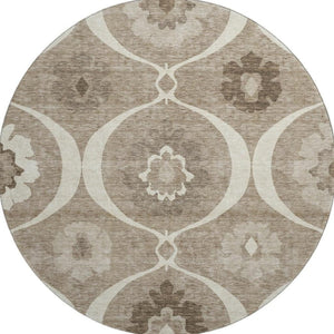 HomeRoots 8' Washable Round Medallion Rug in Taupe, Ivory & Beige - UV Protection, Stain Resistant, Durable Design 668086