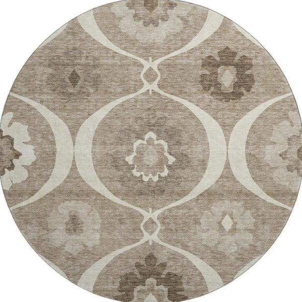 HomeRoots 8' Washable Round Medallion Rug in Taupe, Ivory & Beige - UV Protection, Stain Resistant, Durable Design 668086