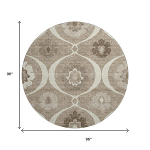 HomeRoots 8' Washable Round Medallion Rug in Taupe, Ivory & Beige - UV Protection, Stain Resistant, Durable Design 668086