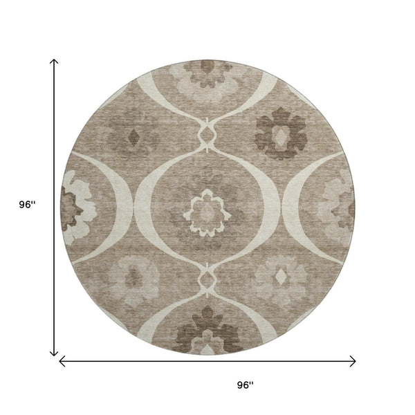 HomeRoots 8' Washable Round Medallion Rug in Taupe, Ivory & Beige - UV Protection, Stain Resistant, Durable Design 668086