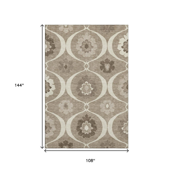 HomeRoots 9' X 12' Taupe Ivory Beige Medallion Area Rug - Washable, UV-Protected & Stain-Resistant Design 668088