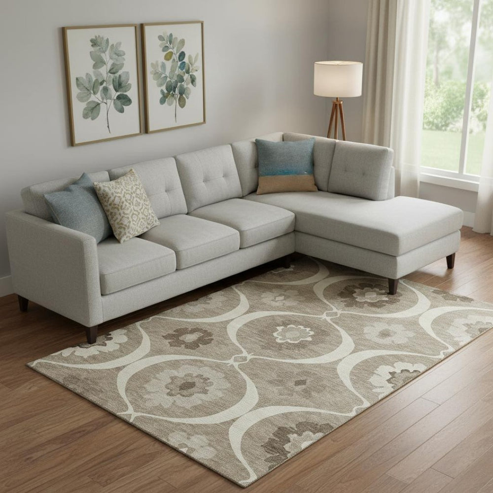 HomeRoots 10' X 14' Taupe Ivory Beige Medallion Area Rug - Washable, UV Protected, Stain Resistant, Durable Design 668089